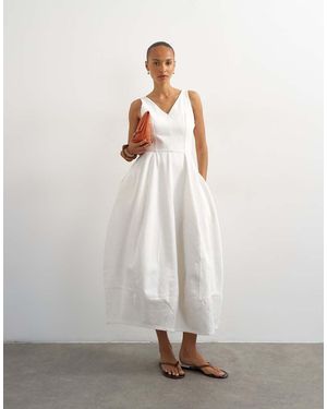 TOPSHOP Denim V Neck Barrel Midi Dress - White