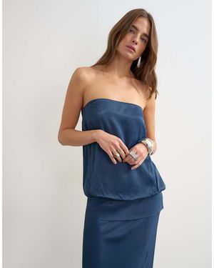 TOPSHOP Satin Dropped Waist Blouson Bandeau Maxi Dress - Blue