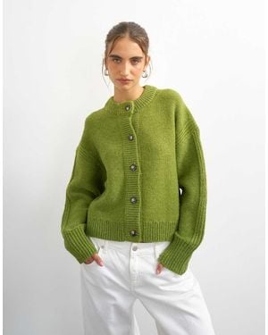TOPSHOP Knitted Boxy Pointelle Deep Rib Cardigan - Green