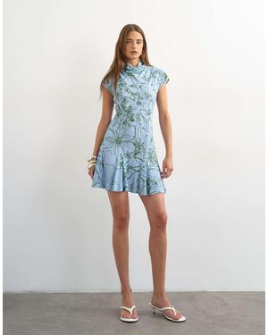 TOPSHOP Viscose Grown On Sleeve Mini Tea Dress - Blue