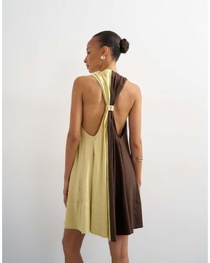 TOPSHOP Linen Rich Halter Deep Hem Mini Trapeze Dress - Natural
