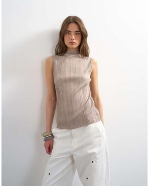 TOPSHOP High Neck Sleeveless Plisse Top - Natural