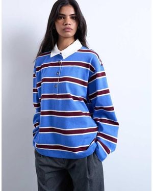 TOPSHOP Stripe Rugby Long Sleeve Polo Top - Blue