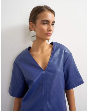 TOPSHOP Faux Leather Deep V Neckline Top - Blue