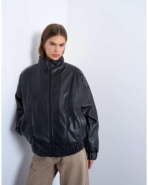 TOPSHOP Faux Leather Funnel Padded Seam Detail Bomber Jacket - Grey