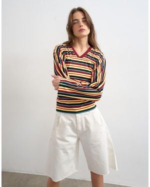 TOPSHOP Stripe Gather Yoke Seam Long Sleeve Top - White