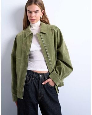 TOPSHOP Faux Suede Zip Through Seam Detail Jacket - Green