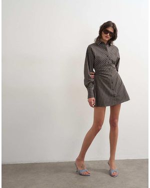 TOPSHOP Gathe Waist Long Sleeve Shirt Dress - Grey