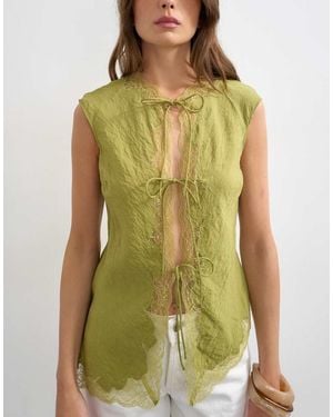 TOPSHOP Cap Sleeve Asymmetric Tie Front Lace Detail Top - Green