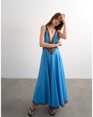 TOPSHOP V Neck Slip Maxi Dress With Chocolate Contrast Lace - Blue