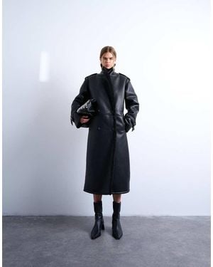 TOPSHOP Longline Oversized Aviator Teddy Coat - Black