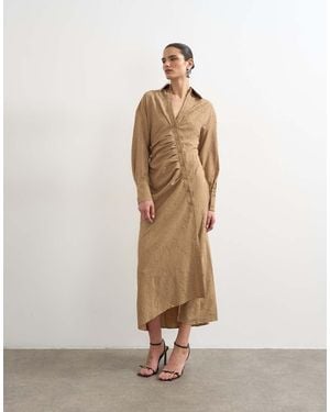 TOPSHOP Open Collar Ruched Long Sleeve Midi Shirt Dress - White