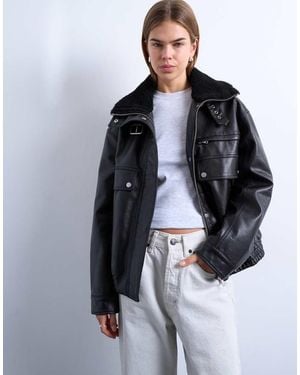 TOPSHOP Faux Leather Funnel Neck Bomber Jacket With Borg - Blue