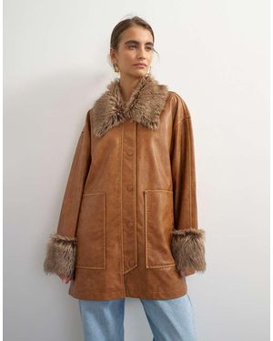 TOPSHOP Faux Leather Jacket With Faux Fur Trim - Brown