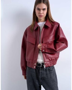 TOPSHOP Faux Leather Bubble Boxy Zip Through Pocket Bomber Jacket - Red