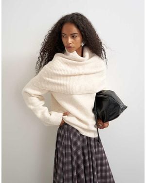TOPSHOP Knitted Wool Blend Deep Fold Bardot Jumper - Natural