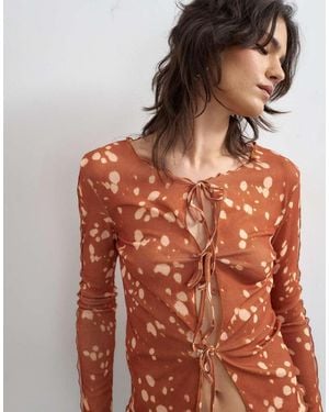 TOPSHOP Mesh Tie Front Long Sleeve Top - Brown