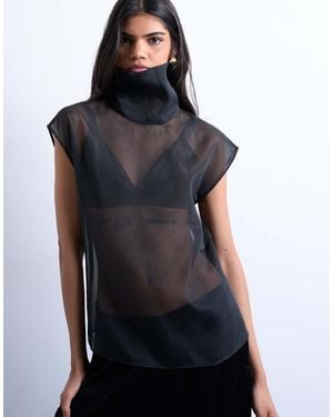 TOPSHOP Funnel Neck Sheer Organza Top - Black