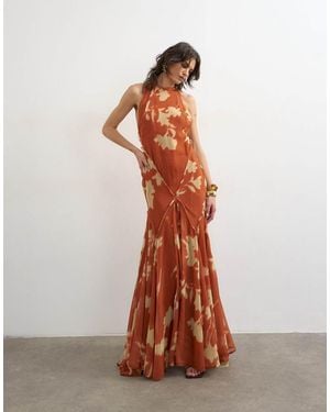 TOPSHOP Premium High Neck Open Back Maxi Dress - Brown