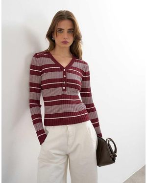 TOPSHOP Knitted V Neck Striped Long Sleeve Top - Purple
