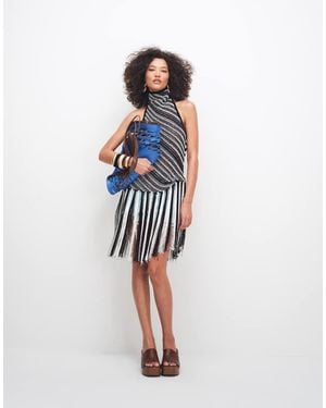 TOPSHOP Knitted Stripe Halterneck Longline Fringing Tunic - Blue