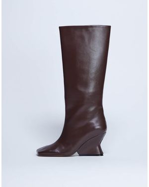 TOPSHOP Selma Premium Leather Knee High Wedge Boot - Brown