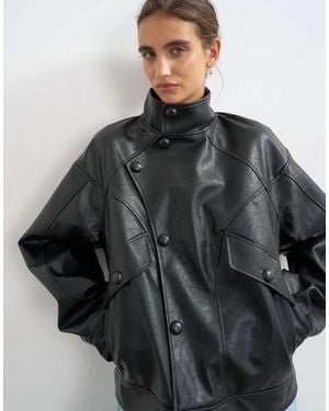 TOPSHOP Oversized Faux Leather Funnel Button Through Jacket - Grey