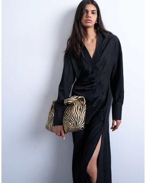 TOPSHOP Open Collar Ruched Long Sleeve Midi Shirt Dress - Blue