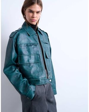 TOPSHOP Faux Leather Heavy Washed Zip Through Jacket - Blue