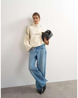TOPSHOP Knitted Roll Edge Blanket Stitch Jumper - White