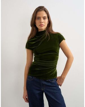 TOPSHOP Velvet Cap Sleeve Drape Front Top - Green
