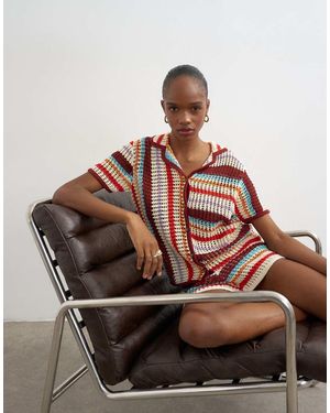 TOPSHOP Knitted Crochet Stripe Co-Ord Shirt - Brown