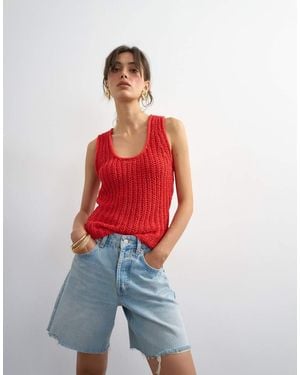 TOPSHOP Knitted Low Scoop Crochet Vest Top - Red