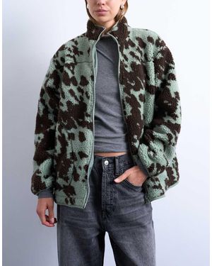 TOPSHOP Brown And Teal Cow Print Borg Fleece Jacket With Contrast Teal Binding - Black