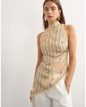 TOPSHOP Premium Halter Neck Top With Contrast Lace Detail - Natural