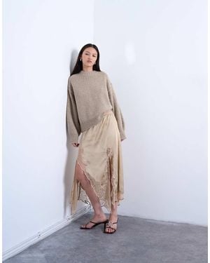 TOPSHOP Satin And Lace Mix Hanky Hem Midi Skirt - White