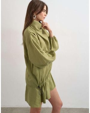 TOPSHOP Cupro Funnel Neck Dropped Waist Long Sleeve Mini Dress - Green