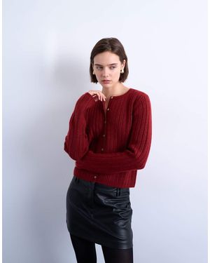 TOPSHOP Knit Ribbed Button Crew Cardigan - Red