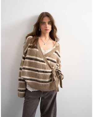 TOPSHOP Knitted Fluffy Stripe Wrap Tie Cardigan - Natural