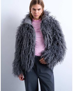 TOPSHOP Zip Through Mongolian Faux Fur Bomber - Blue