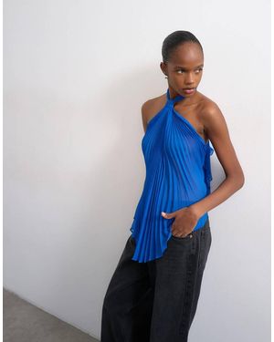 TOPSHOP Knot Halter Top With Pleated Fabric - Blue