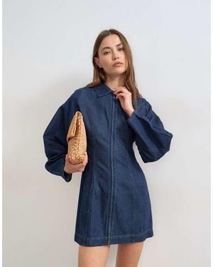 TOPSHOP Denim Zip Through Mini Dress With Ovoid Sleeve - Blue