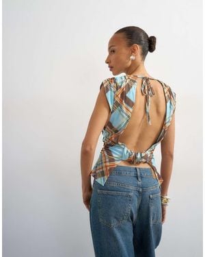 TOPSHOP Check Printed Drape Back Top - Blue