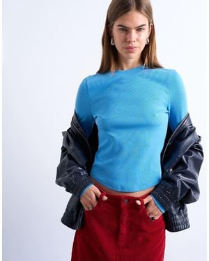 TOPSHOP Rib Long Sleeve Curved Hem Top - Blue