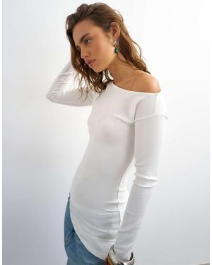TOPSHOP Rib Asymmetric Off The Shoulder Long Sleeve Top - White