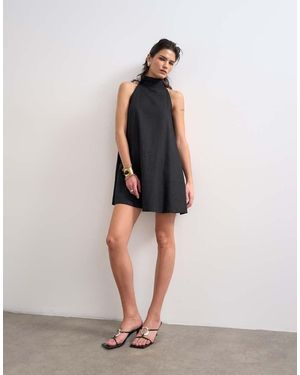 TOPSHOP Linen Rich High Neck Trapeze Dress - Black