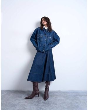 TOPSHOP Denim Dropped Waist Seamed Midi Skirt - Blue