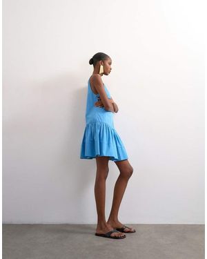 TOPSHOP Poplin Dropped Waist Square Neck Mini Chuck On Sundress - Blue