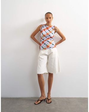 TOPSHOP Blurred Check Print Microfibre Ruched Shoulder Tank - White