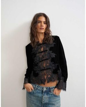 TOPSHOP Lace Applique Velvet Blouse - Black